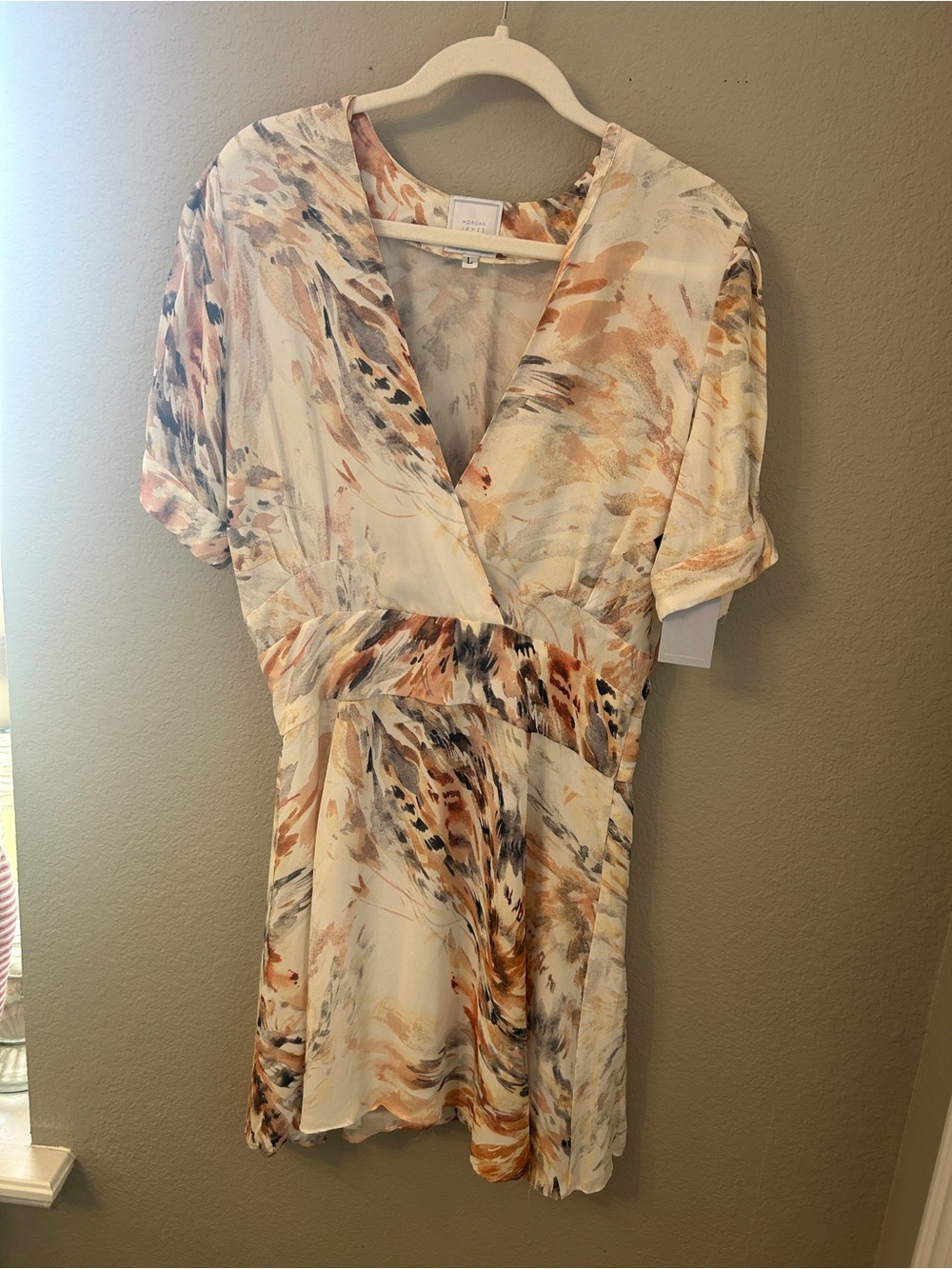 V-Neck Cream Mini Dress with Tan Abstract Print